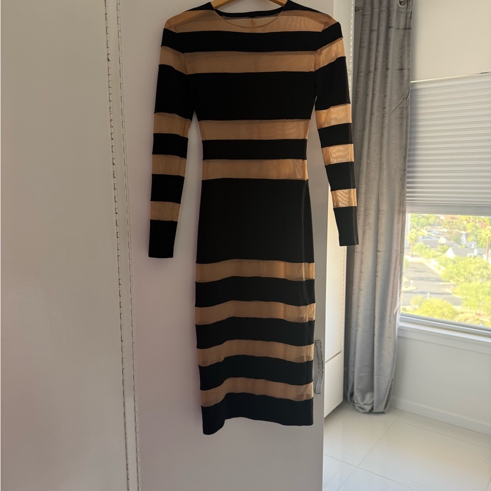 Norma Kamali Black and Tan Sheath Midi Dress